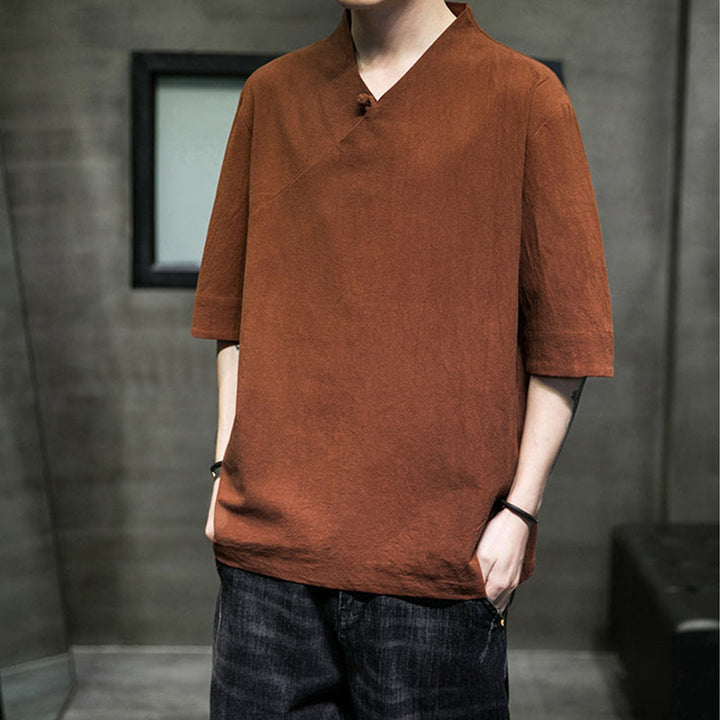 Koszula męska z krótkim rękawem i okrągłym dekoltem w serek Buddha Stones z bawełny - image 9