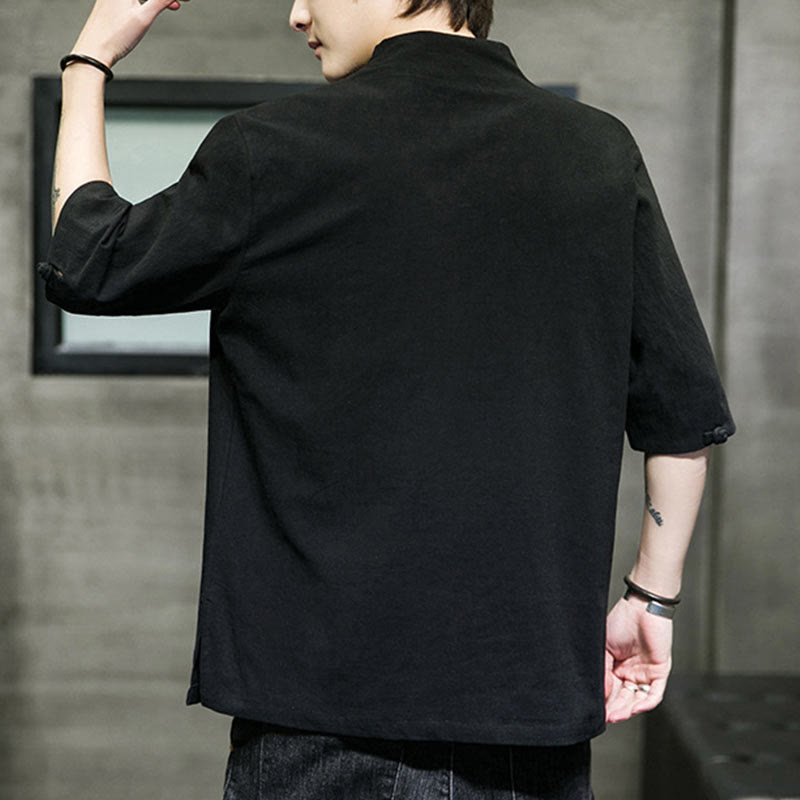 Koszula męska z krótkim rękawem i okrągłym dekoltem w serek Buddha Stones z bawełny - image 12