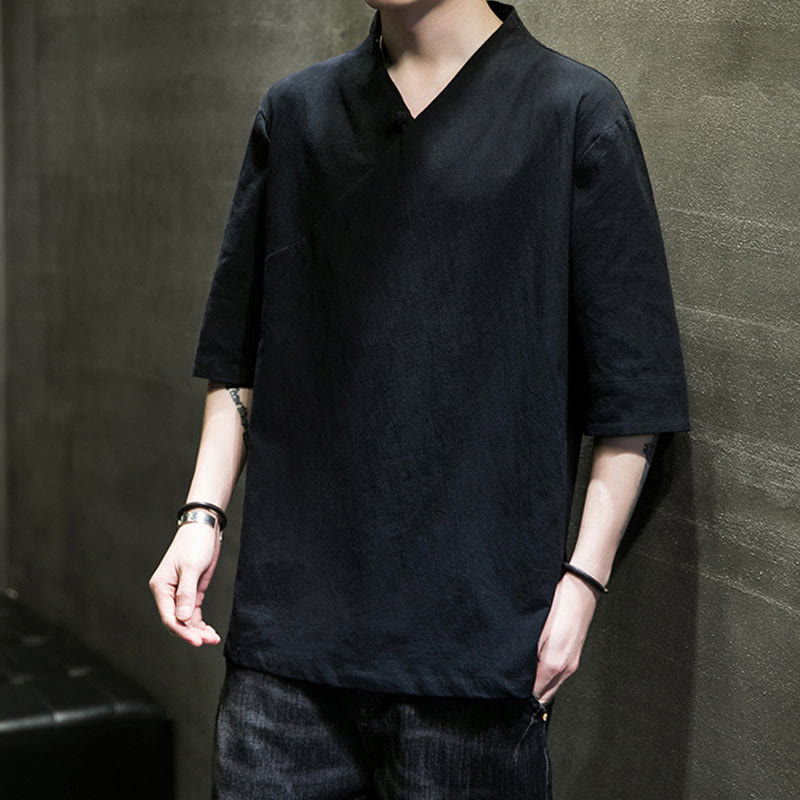 Koszula męska z krótkim rękawem i okrągłym dekoltem w serek Buddha Stones z bawełny - image 16