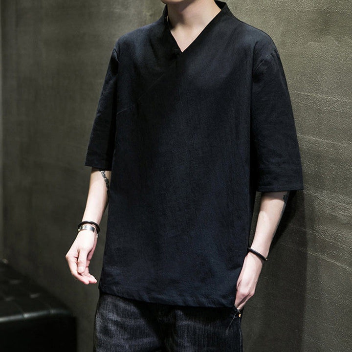 Koszula męska z krótkim rękawem i okrągłym dekoltem w serek Buddha Stones z bawełny - image 16