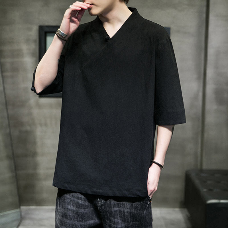 Koszula męska z krótkim rękawem i okrągłym dekoltem w serek Buddha Stones z bawełny - image 15