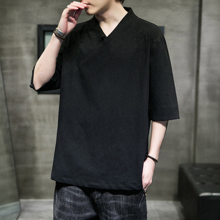 Koszula męska z krótkim rękawem i okrągłym dekoltem w serek Buddha Stones z bawełny - image 15