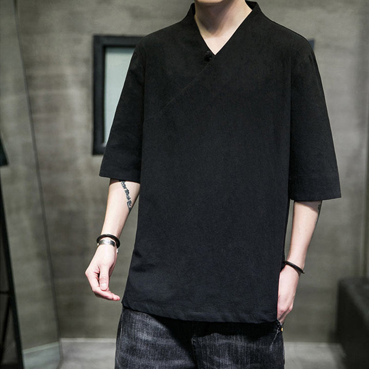 Koszula męska z krótkim rękawem i okrągłym dekoltem w serek Buddha Stones z bawełny - Czarny - 5XL(pasuje do USUK/AU46; EU56) - image 11