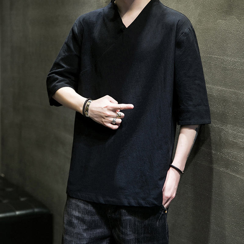 Koszula męska z krótkim rękawem i okrągłym dekoltem w serek Buddha Stones z bawełny - image 18