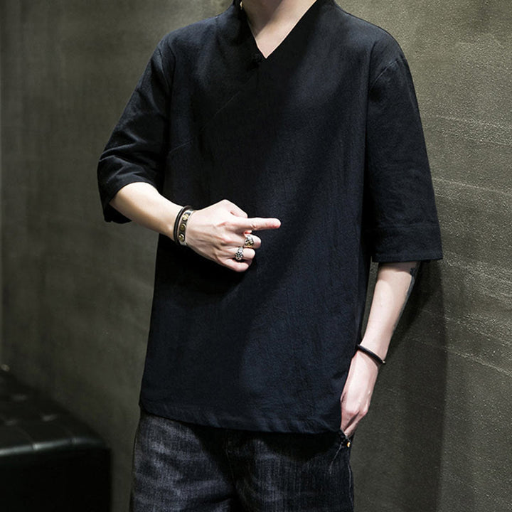 Koszula męska z krótkim rękawem i okrągłym dekoltem w serek Buddha Stones z bawełny - image 18