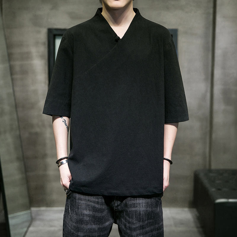 Koszula męska z krótkim rękawem i okrągłym dekoltem w serek Buddha Stones z bawełny - image 14