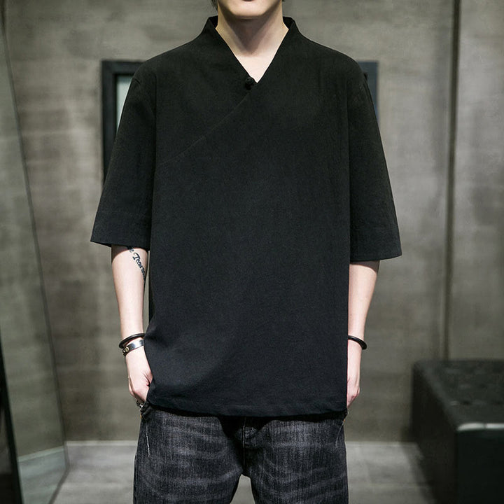 Koszula męska z krótkim rękawem i okrągłym dekoltem w serek Buddha Stones z bawełny - image 14