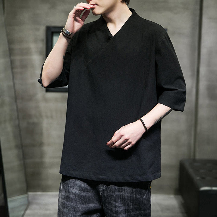 Koszula męska z krótkim rękawem i okrągłym dekoltem w serek Buddha Stones z bawełny - image 17