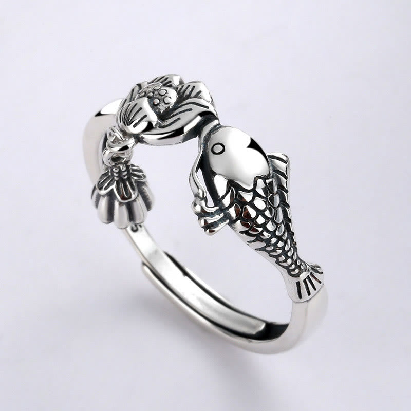 Pierścionek sukcesu Buddha Stones 925 Sterling Silver z rybą Koi i kwiatem lotosu - Koi Fish Lotus (regulowany) - image 0