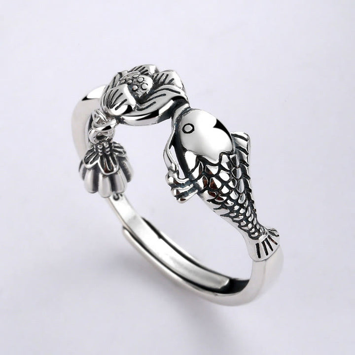 Pierścionek sukcesu Buddha Stones 925 Sterling Silver z rybą Koi i kwiatem lotosu - Koi Fish Lotus (regulowany) - image 0