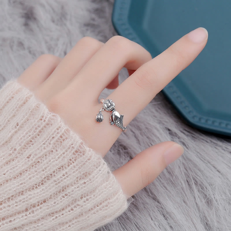 Pierścionek sukcesu Buddha Stones 925 Sterling Silver z rybą Koi i kwiatem lotosu