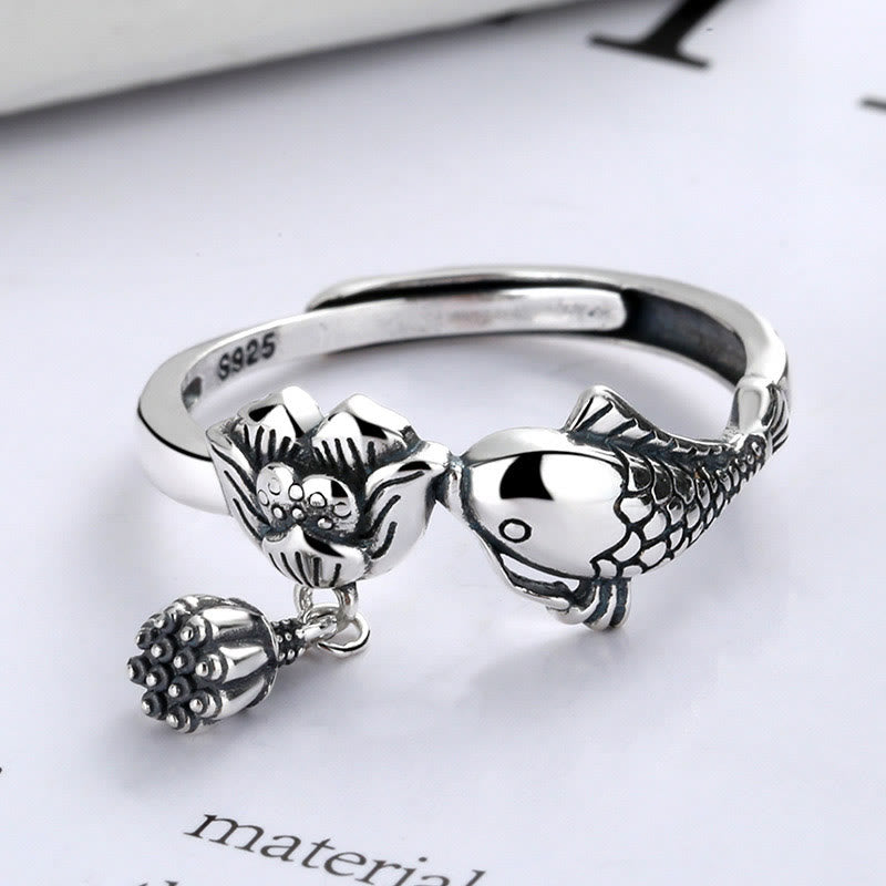 Pierścionek sukcesu Buddha Stones 925 Sterling Silver z rybą Koi i kwiatem lotosu - image 1