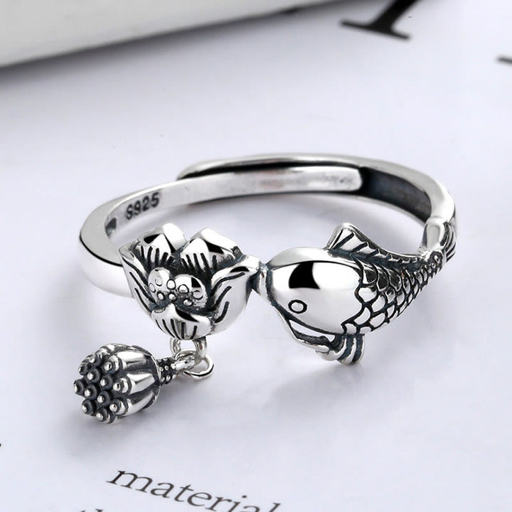 Pierścionek sukcesu Buddha Stones 925 Sterling Silver z rybą Koi i kwiatem lotosu - image 1
