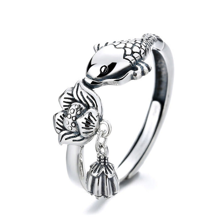 Pierścionek sukcesu Buddha Stones 925 Sterling Silver z rybą Koi i kwiatem lotosu - image 3