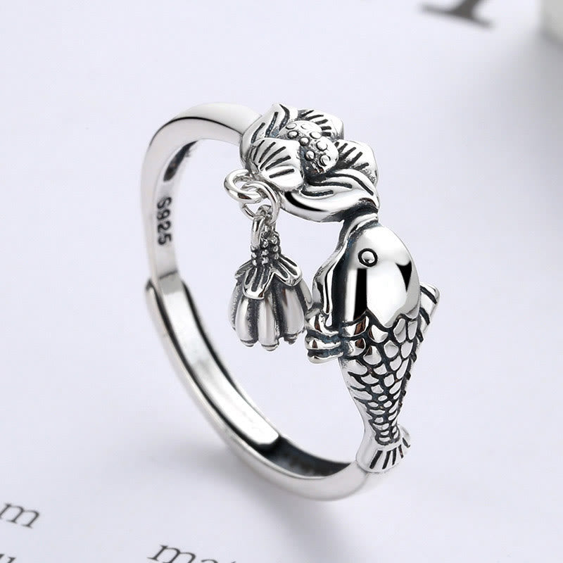 Pierścionek sukcesu Buddha Stones 925 Sterling Silver z rybą Koi i kwiatem lotosu - image 2