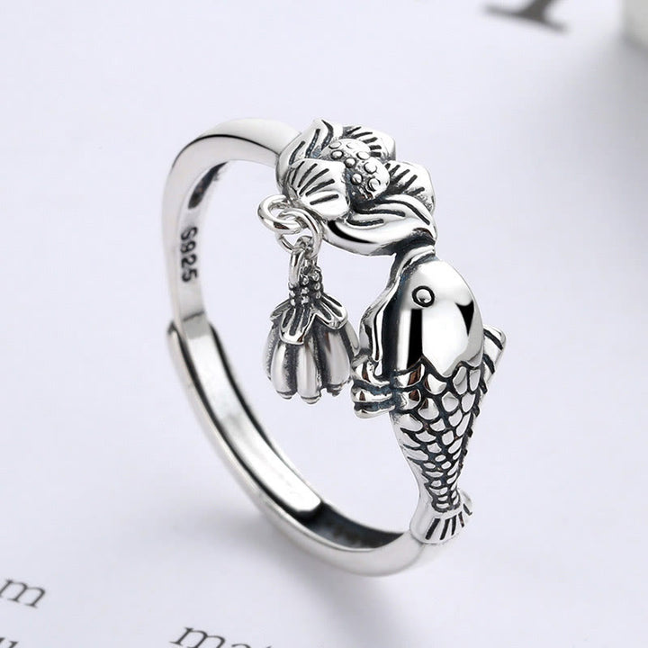 Pierścionek sukcesu Buddha Stones 925 Sterling Silver z rybą Koi i kwiatem lotosu