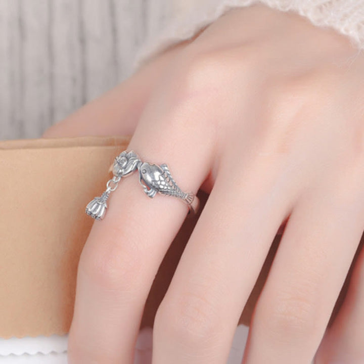 Pierścionek sukcesu Buddha Stones 925 Sterling Silver z rybą Koi i kwiatem lotosu - image 5