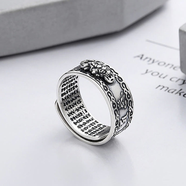 Buddha Stones 925 Srebro Sterling PiXiu Rzeźbione Pismo Bogactwo Regulowany Pierścień - image 2