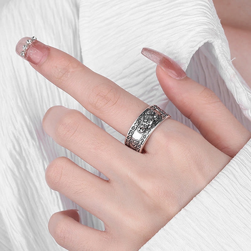 Buddha Stones 925 Srebro Sterling PiXiu Rzeźbione Pismo Bogactwo Regulowany Pierścień - image 7