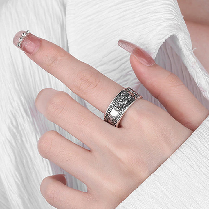 Buddha Stones 925 Srebro Sterling PiXiu Rzeźbione Pismo Bogactwo Regulowany Pierścień - image 7