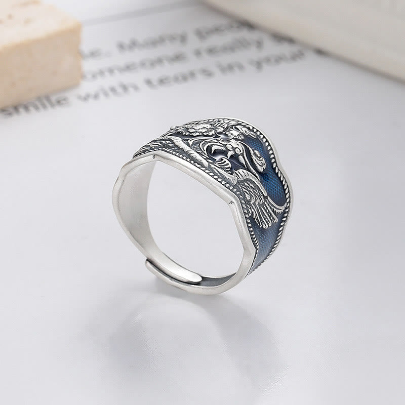 Buddha Stones 925 Srebro Sterling Kwiaty Feniksa Piwonia Rzeźbiony Pierścień Szczęścia Regulowany