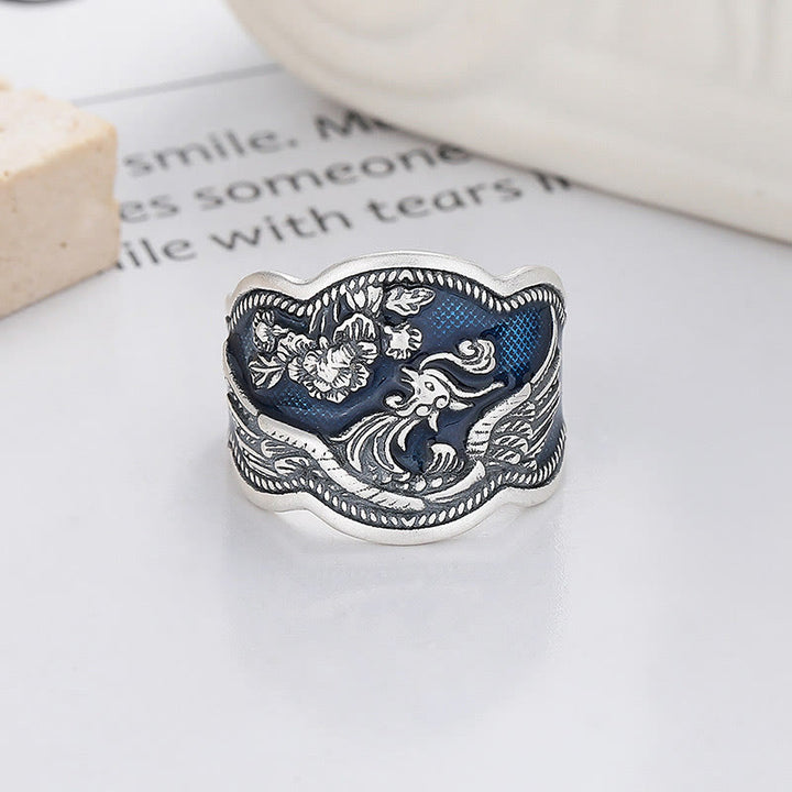 Buddha Stones 925 Srebro Sterling Kwiaty Feniksa Piwonia Rzeźbiony Pierścień Szczęścia Regulowany