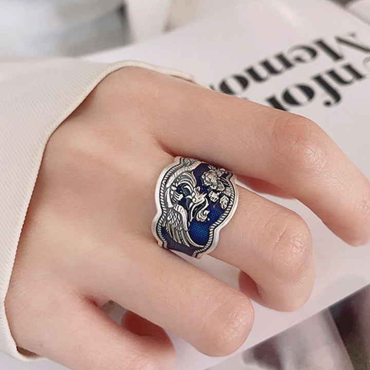 Buddha Stones 925 Srebro Sterling Kwiaty Feniksa Piwonia Rzeźbiony Pierścień Szczęścia Regulowany