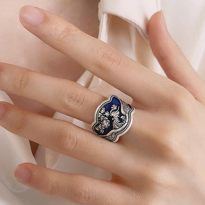 Buddha Stones 925 Srebro Sterling Kwiaty Feniksa Piwonia Rzeźbiony Pierścień Szczęścia Regulowany - image 8