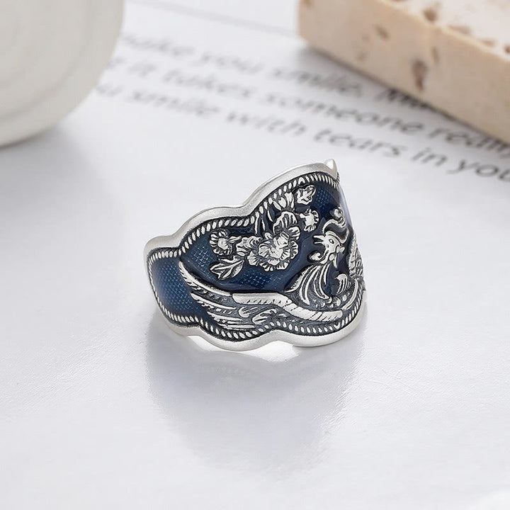 Buddha Stones 925 Srebro Sterling Kwiaty Feniksa Piwonia Rzeźbiony Pierścień Szczęścia Regulowany