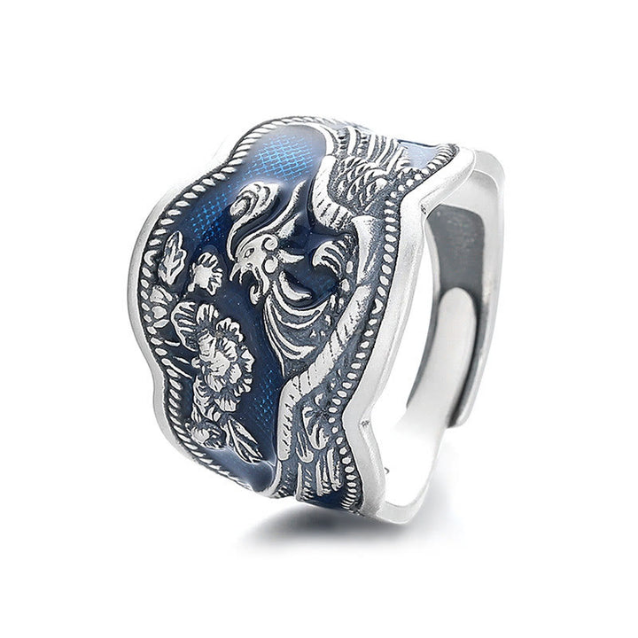 Buddha Stones 925 Srebro Sterling Kwiaty Feniksa Piwonia Rzeźbiony Pierścień Szczęścia Regulowany