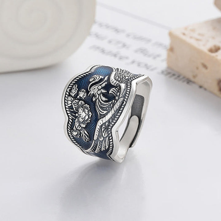 Buddha Stones 925 Srebro Sterling Kwiaty Feniksa Piwonia Rzeźbiony Pierścień Szczęścia Regulowany