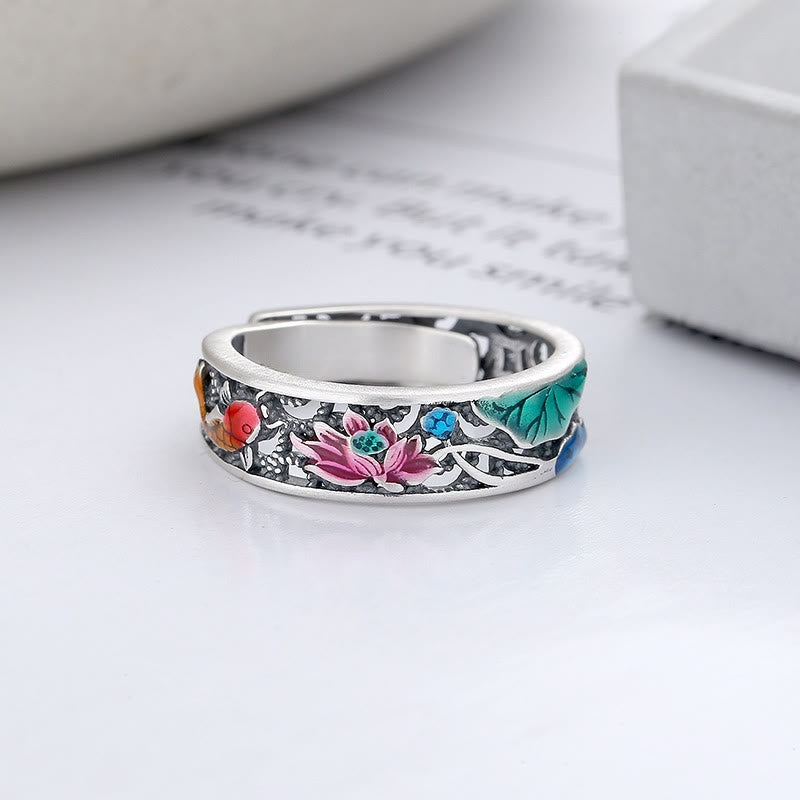 Pierścionek Buddha Stones ze srebra próby 925 z motywem ryby Koi i lotosu, szczęścia i wszystkiego, co dobre - image 1