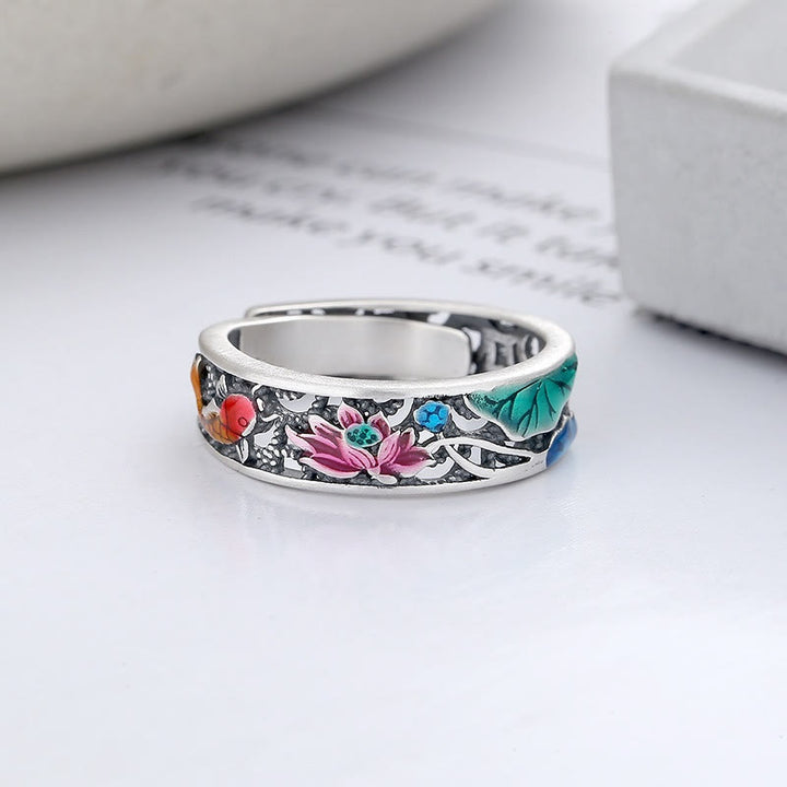 Pierścionek Buddha Stones ze srebra próby 925 z motywem ryby Koi i lotosu, szczęścia i wszystkiego, co dobre - image 1