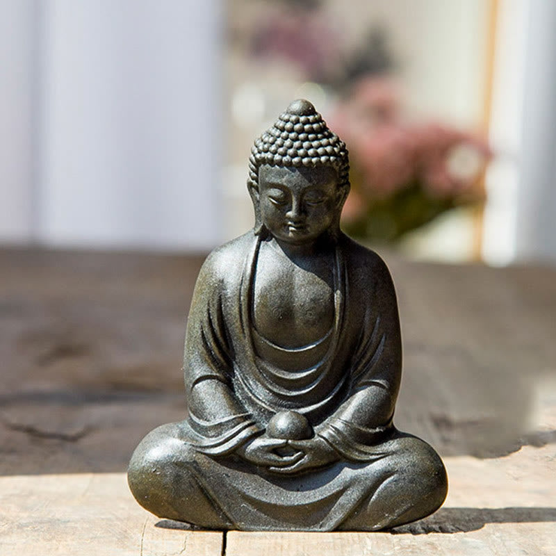 Buddha Stones Tybetański Medytujący Budda Żelazo Proszek Rdza Odlew Żywicy Statua Spokój Dekoracja - Czarny 10*7,5 cm - image 8