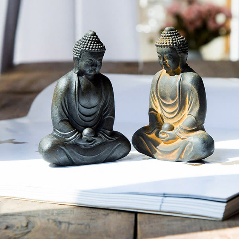 Buddha Stones Tybetański Medytujący Budda Żelazo Proszek Rdza Odlew Żywicy Statua Spokój Dekoracja - image 16