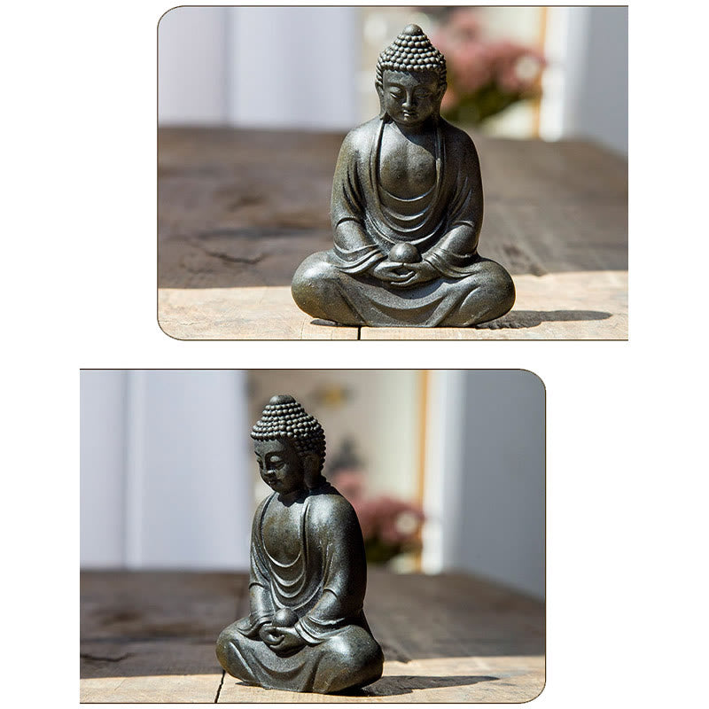 Buddha Stones Tybetański Medytujący Budda Żelazo Proszek Rdza Odlew Żywicy Statua Spokój Dekoracja - image 11