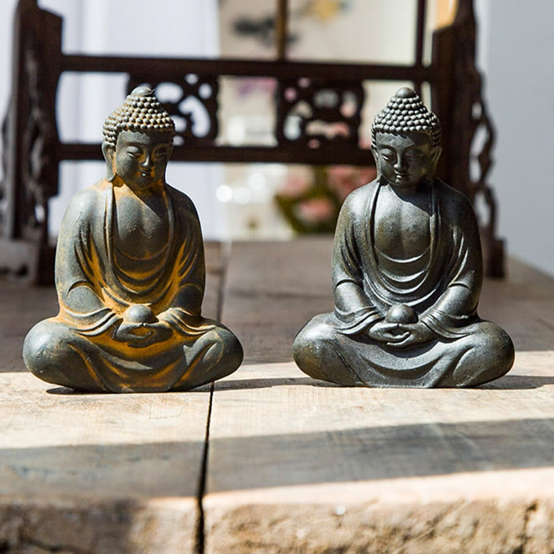 Buddha Stones Tybetański Medytujący Budda Żelazo Proszek Rdza Odlew Żywicy Statua Spokój Dekoracja - image 12