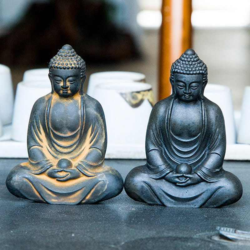 Buddha Stones Tybetański Medytujący Budda Żelazo Proszek Rdza Odlew Żywicy Statua Spokój Dekoracja - image 17