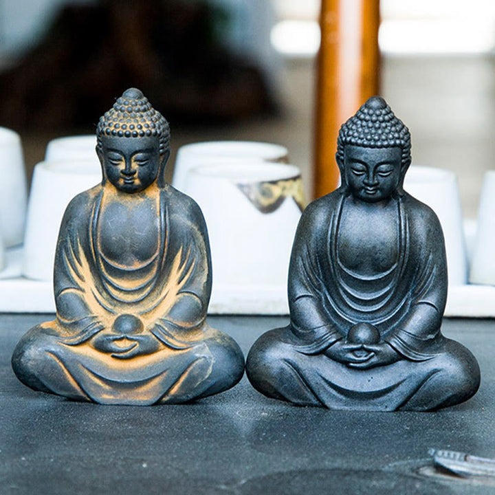 Buddha Stones Tybetański Medytujący Budda Żelazo Proszek Rdza Odlew Żywicy Statua Spokój Dekoracja - image 17