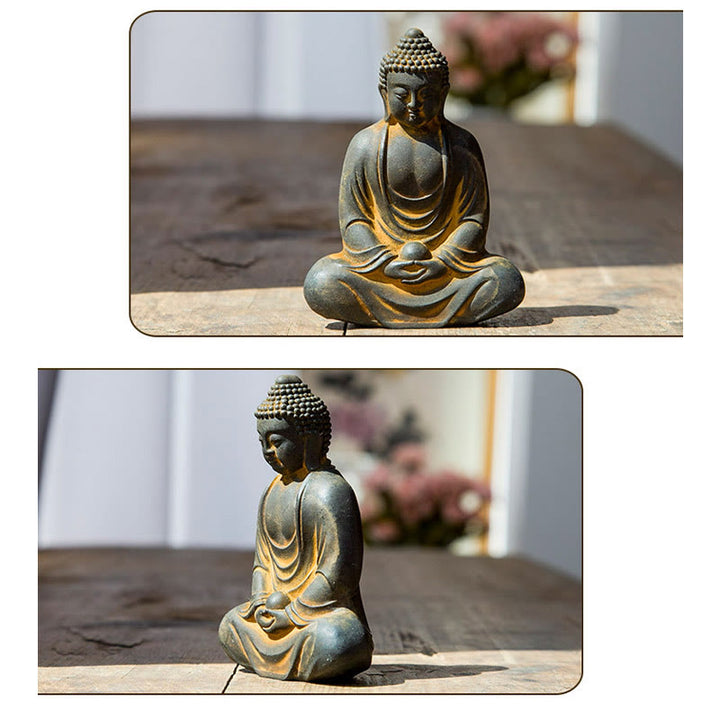Buddha Stones Tybetański Medytujący Budda Żelazo Proszek Rdza Odlew Żywicy Statua Spokój Dekoracja - image 6