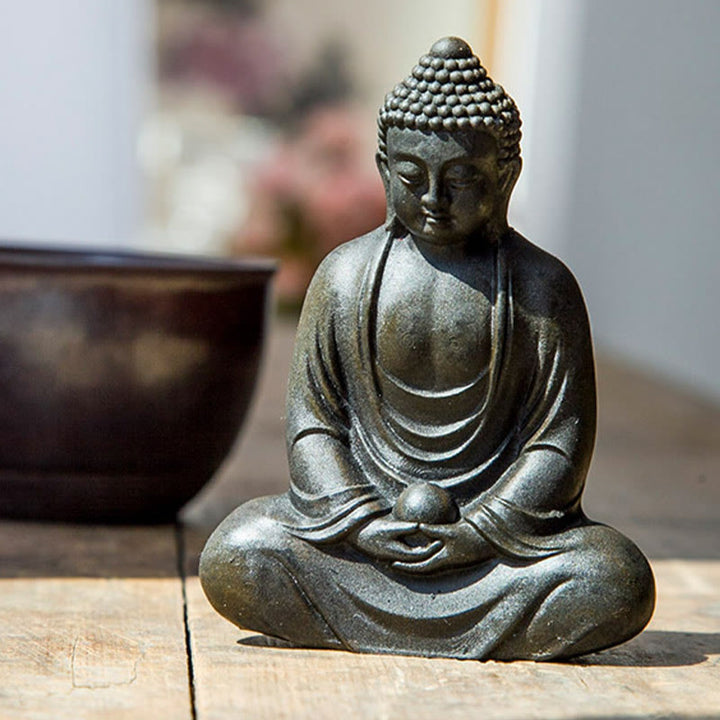 Buddha Stones Tybetański Medytujący Budda Żelazo Proszek Rdza Odlew Żywicy Statua Spokój Dekoracja - image 9
