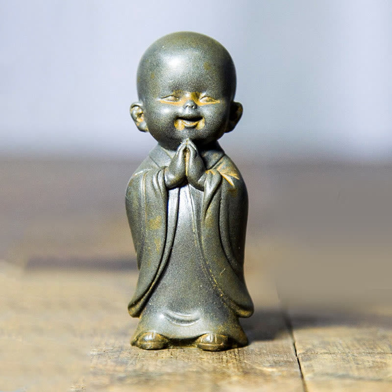 Buddha Stones Mały Medytujący Mnich Żelazo Proszek Rdza Odlew Żywicy Statuetka Dekoracja Biurka - Uśmiechnięty mnich 8*3,5cm - image 14