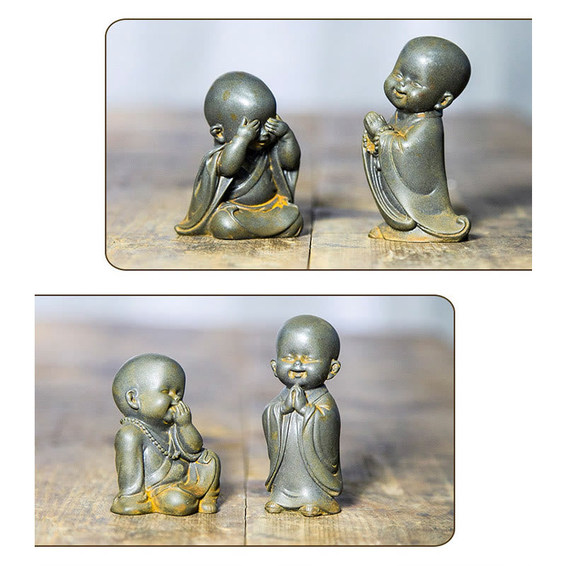 Buddha Stones Mały Medytujący Mnich Żelazo Proszek Rdza Odlew Żywicy Statuetka Dekoracja Biurka - image 23