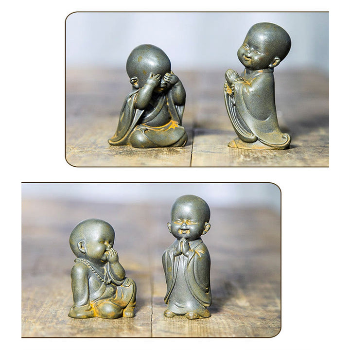 Buddha Stones Mały Medytujący Mnich Żelazo Proszek Rdza Odlew Żywicy Statuetka Dekoracja Biurka - image 23