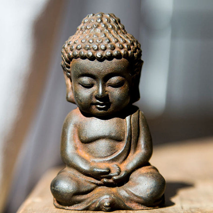 Buddha Stones Ręcznie Robione Mały Budda Siakjamuni Żelazo Proszek Rdza Odlew Żywicy Dekoracja Statuy - Wersja Rust - Budda Medytacyjny 9*5,5 cm - image 12