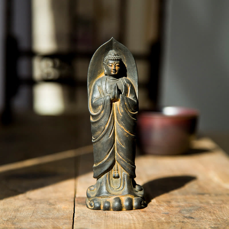 Buddha Stones Ręcznie robione Budda Siakjamuni Namaste Proszek żelaza Rdza Odlana z żywicy Statua Dekoracja - Rdzawy Budda 14,5*5*3,4 cm - image 0