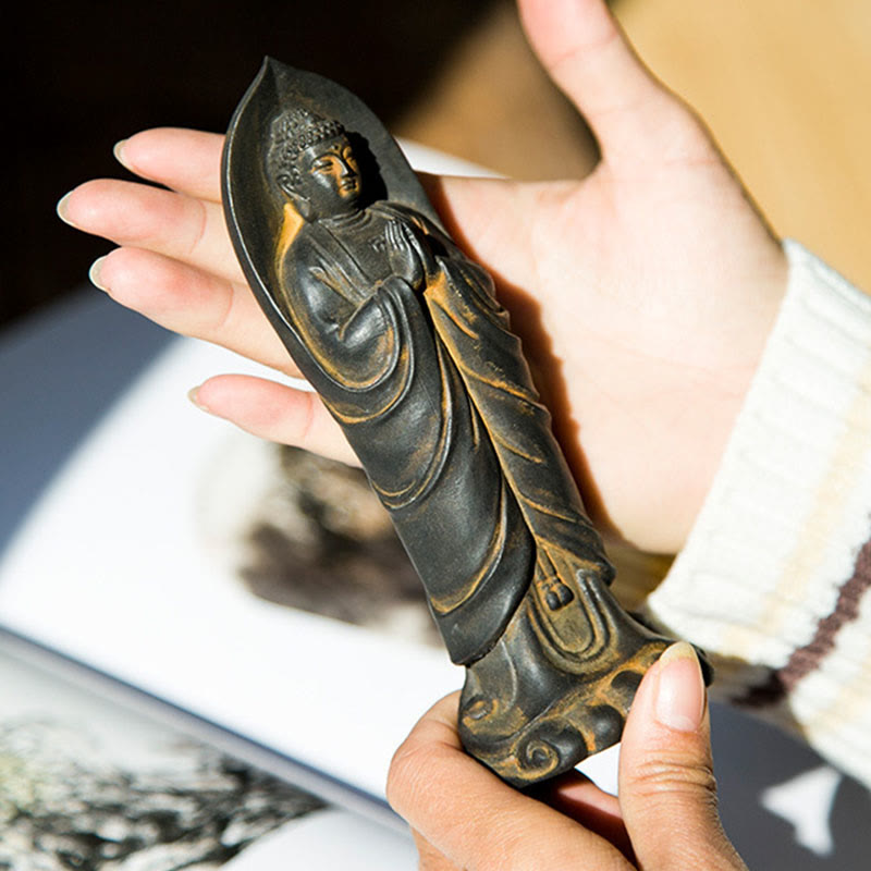 Buddha Stones Ręcznie robione Budda Siakjamuni Namaste Proszek żelaza Rdza Odlana z żywicy Statua Dekoracja - image 2