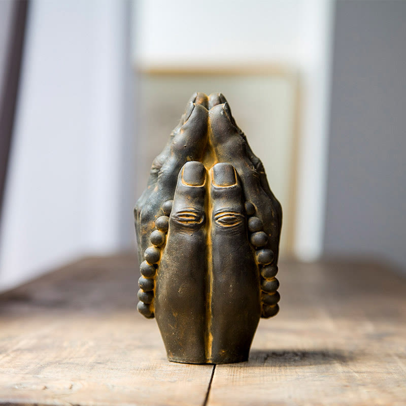 Buddha Stones Ręcznie robione Budda Ręka Namaste Żelazo Proszek Rdza Odlew Żywicy Dekoracja Statuy - Rdza Namaste 15*2,5 cm - image 0