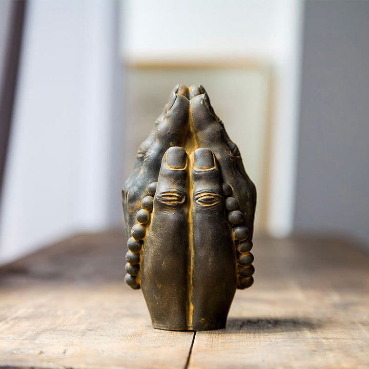 Buddha Stones Ręcznie robione Budda Ręka Namaste Żelazo Proszek Rdza Odlew Żywicy Dekoracja Statuy - Rdza Namaste 15*2,5 cm - image 0