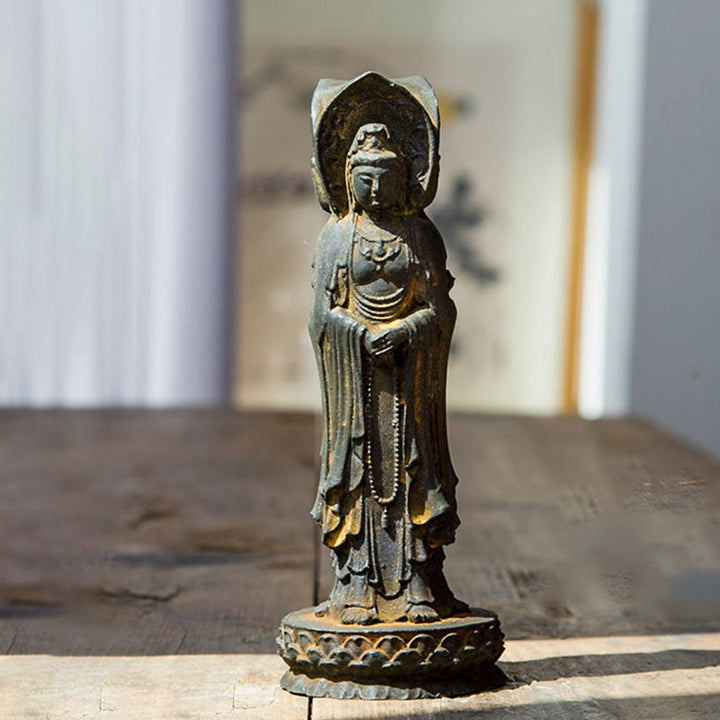 Buddha Stones Trójstronny Kwan Yin Awalokiteśwara Żelazo Proszek Rdza Odlew Żywicy Statua Bogactwo Dekoracja Biurka